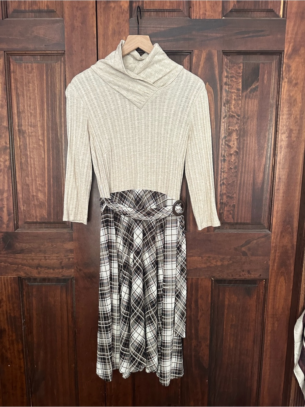 Perceptions Cream Knit Top with Black & White Plaid Midi Skirt